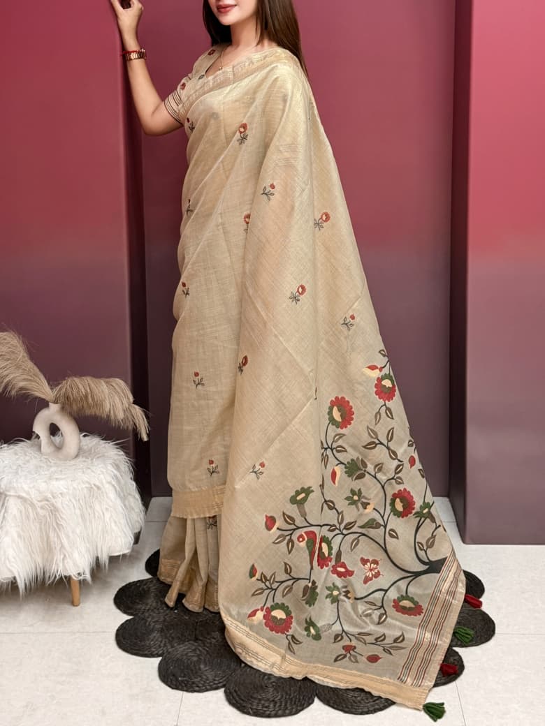 Champagne Beige Pure Glass Silk Saree with Floral and Bird Motif Pallu, Tassels & Running Blouse for Festive Wear