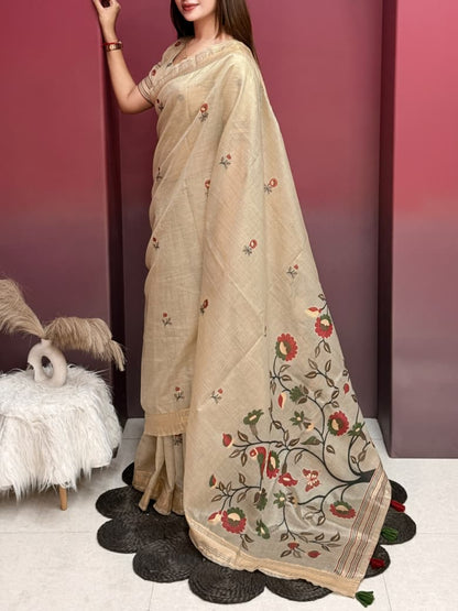 Champagne Beige Pure Glass Silk Saree with Floral and Bird Motif Pallu, Tassels & Running Blouse for Festive Wear