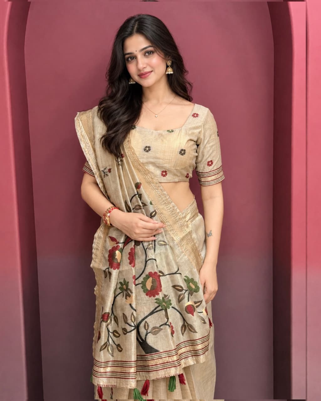 Champagne Beige Pure Glass Silk Saree with Floral and Bird Motif Pallu, Tassels & Running Blouse for Festive Wear