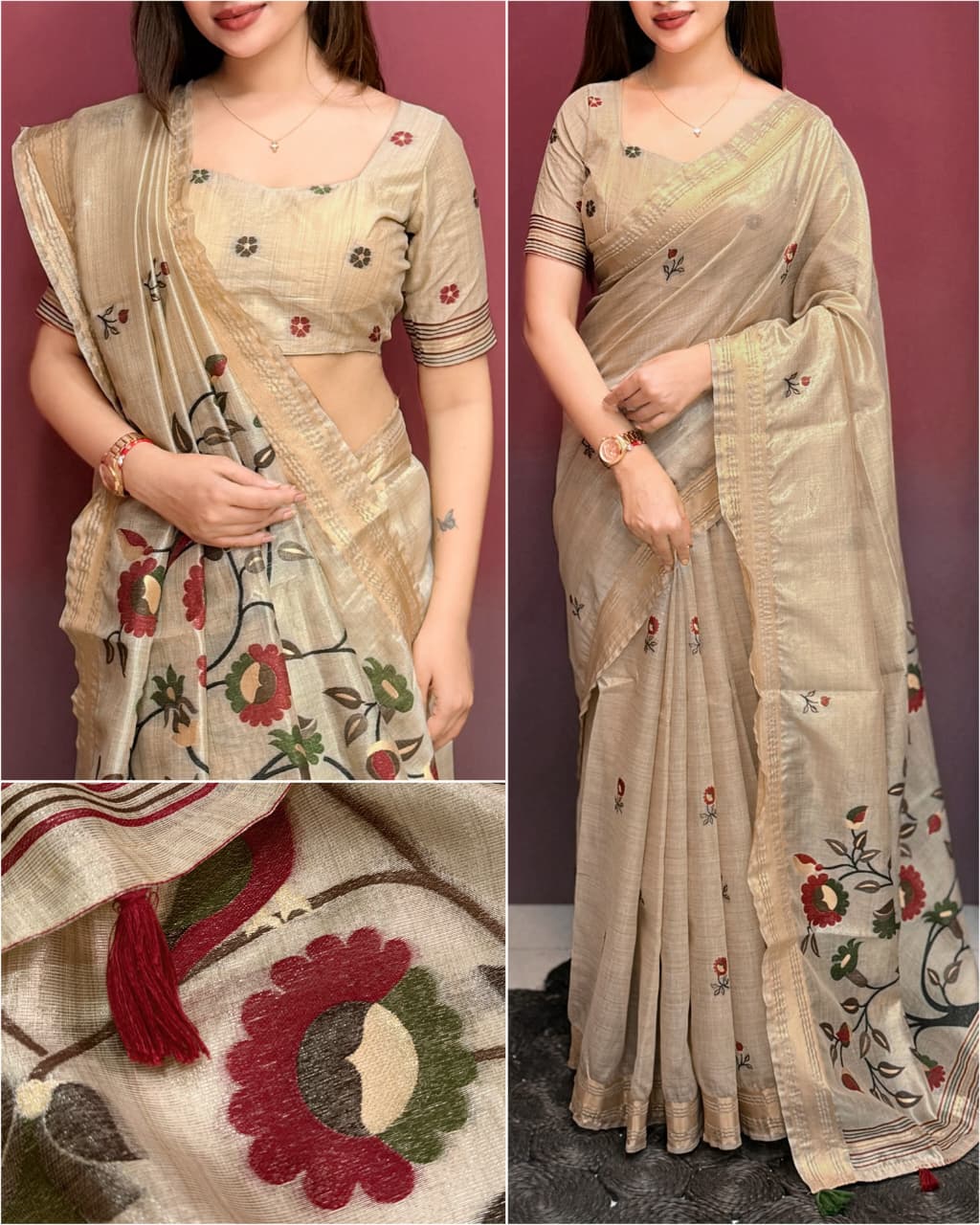 Champagne Beige Pure Glass Silk Saree with Floral and Bird Motif Pallu, Tassels & Running Blouse for Festive Wear