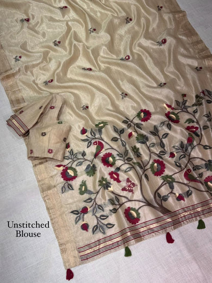 Champagne Beige Pure Glass Silk Saree with Floral and Bird Motif Pallu, Tassels & Running Blouse for Festive Wear