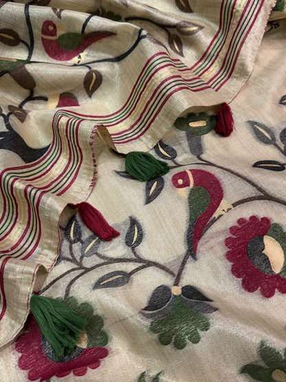 Champagne Beige Pure Glass Silk Saree with Floral and Bird Motif Pallu, Tassels & Running Blouse for Festive Wear