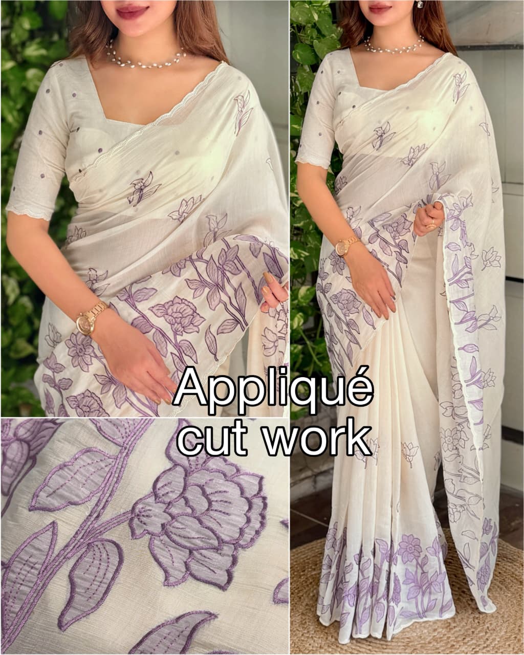 Ivory Mul Chiffon Saree with Floral Applique Cut Work, Scalloped Border and Running Blouse for Festive Wear
