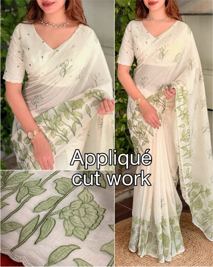 Ivory Mul Chiffon Saree with Floral Applique Cut Work, Scalloped Border and Running Blouse for Festive Wear