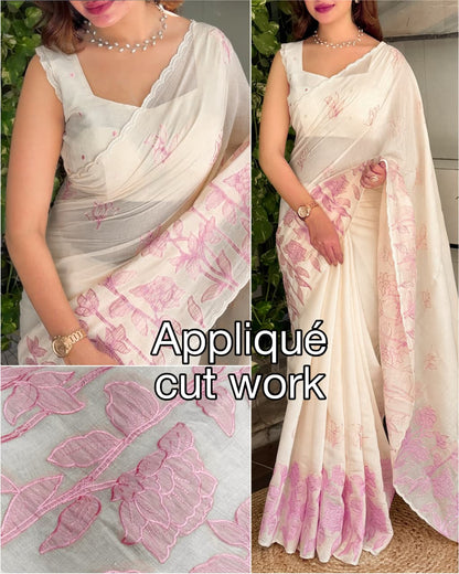 Ivory Mul Chiffon Saree with Floral Applique Cut Work, Scalloped Border and Running Blouse for Festive Wear