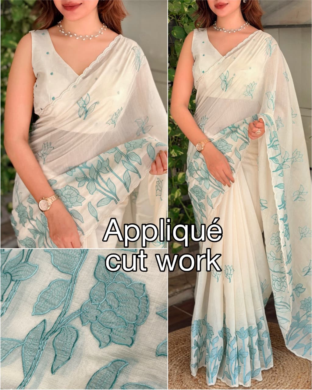 Ivory Mul Chiffon Saree with Floral Applique Cut Work, Scalloped Border and Running Blouse for Festive Wear