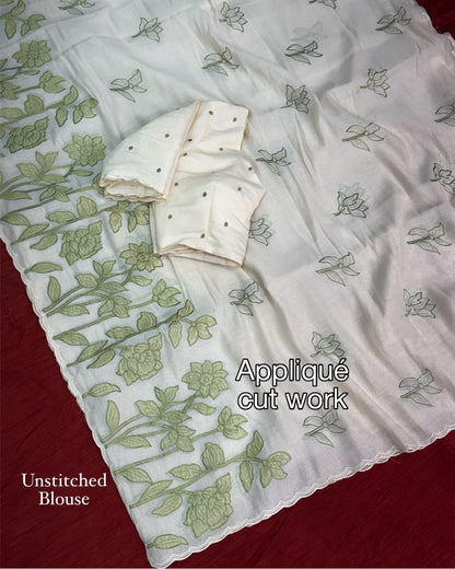 Ivory Mul Chiffon Saree with Floral Applique Cut Work, Scalloped Border and Running Blouse for Festive Wear