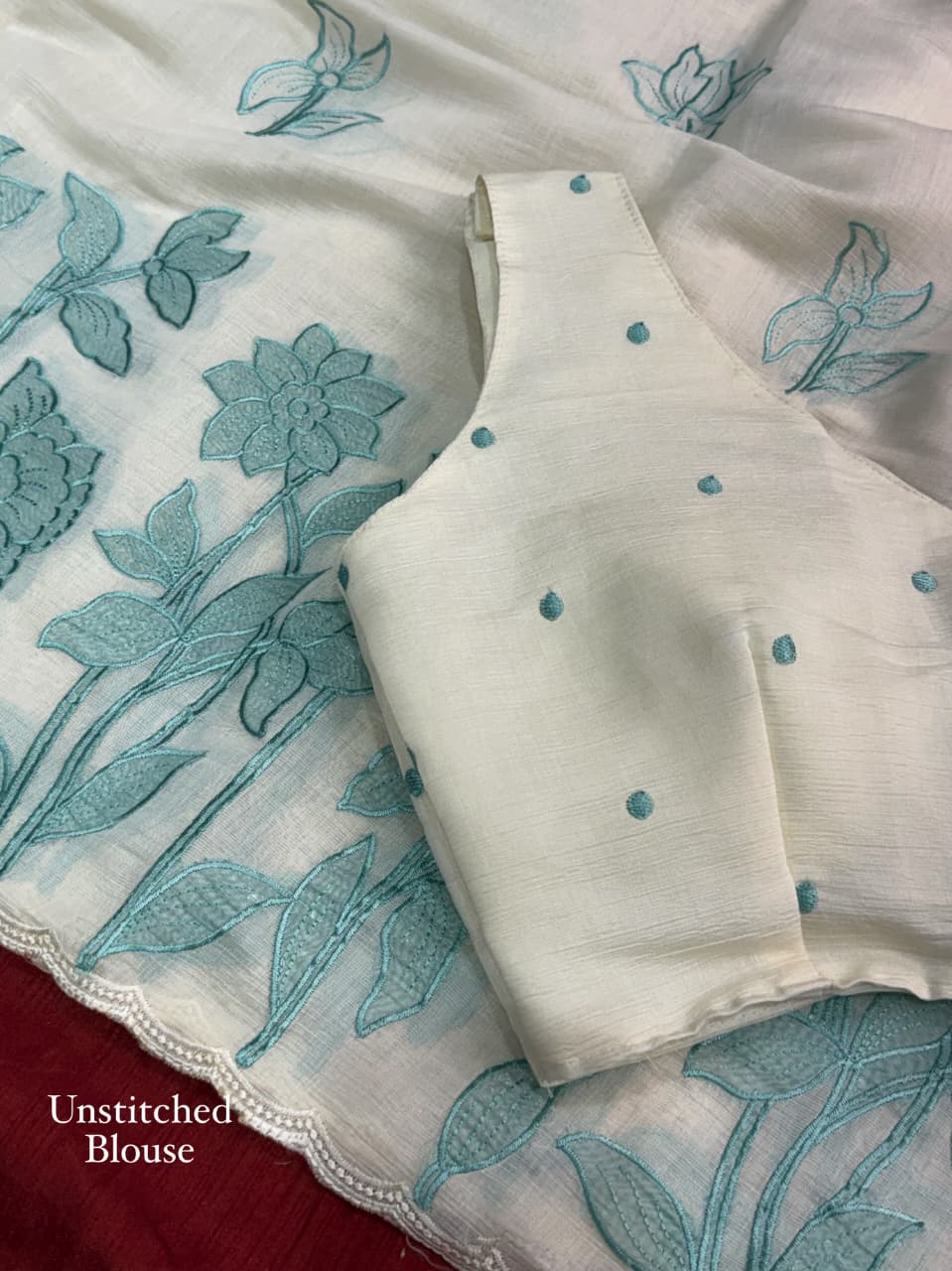 Ivory Mul Chiffon Saree with Floral Applique Cut Work, Scalloped Border and Running Blouse for Festive Wear
