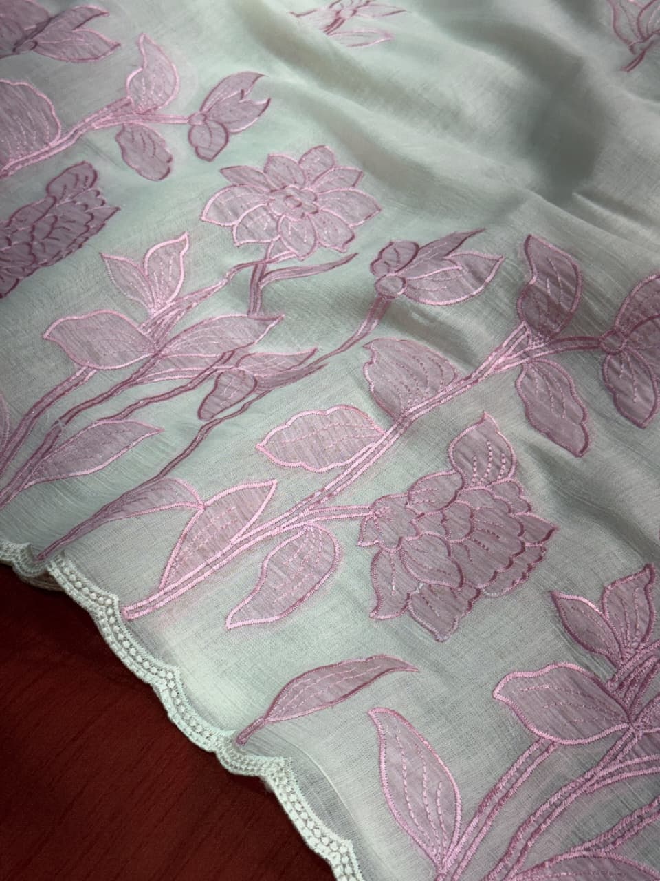 Ivory Mul Chiffon Saree with Floral Applique Cut Work, Scalloped Border and Running Blouse for Festive Wear
