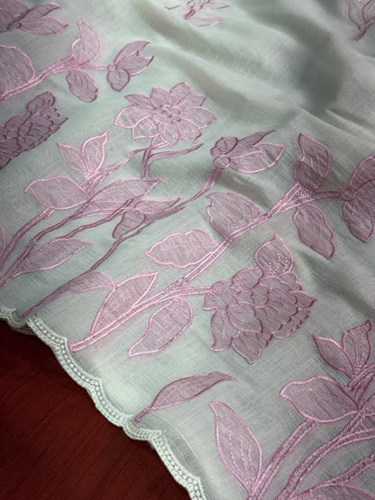 Ivory Mul Chiffon Saree with Floral Applique Cut Work, Scalloped Border and Running Blouse for Festive Wear