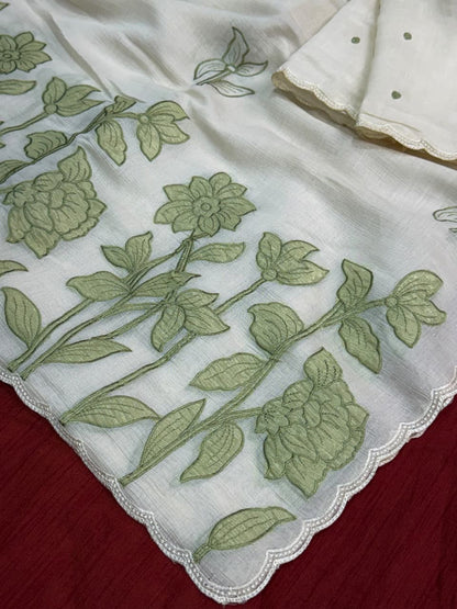 Ivory Mul Chiffon Saree with Floral Applique Cut Work, Scalloped Border and Running Blouse for Festive Wear