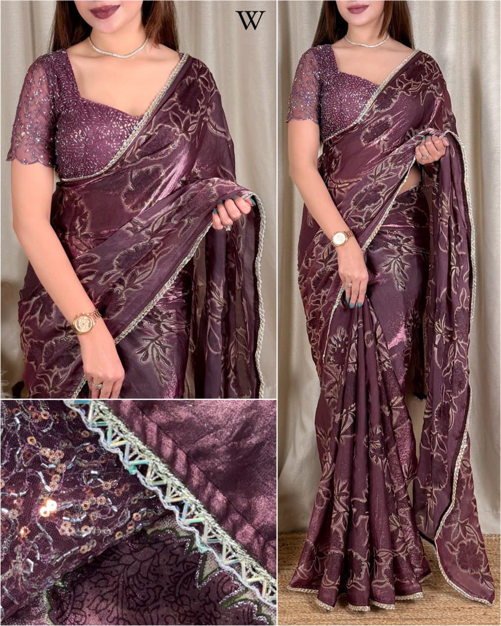 Pure NC Fandy Satin Floral Saree with Decorative Border and Running Blouse for Festive Celebrations and Party Wear