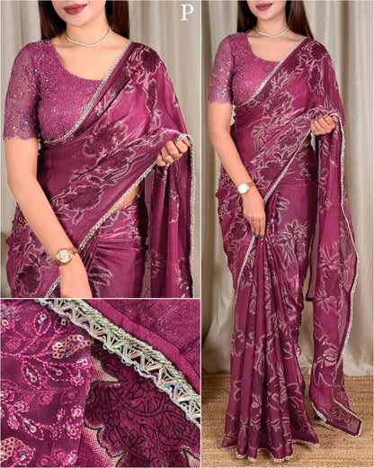 Pure NC Fandy Satin Floral Saree with Decorative Border and Running Blouse for Festive Celebrations and Party Wear
