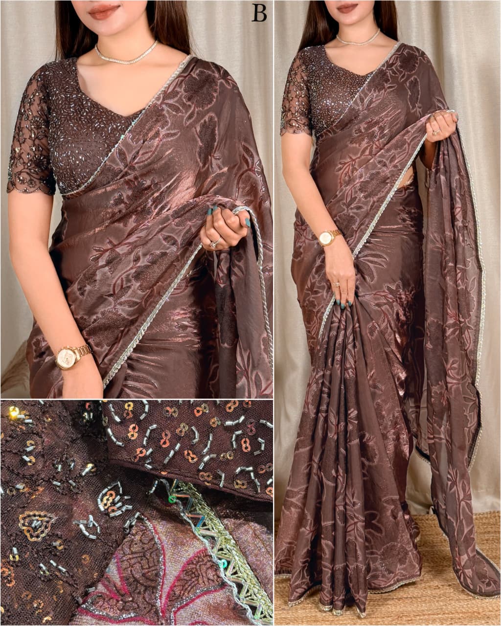 Pure NC Fandy Satin Floral Saree with Decorative Border and Running Blouse for Festive Celebrations and Party Wear