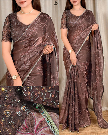 Pure NC Fandy Satin Floral Saree with Decorative Border and Running Blouse for Festive Celebrations and Party Wear