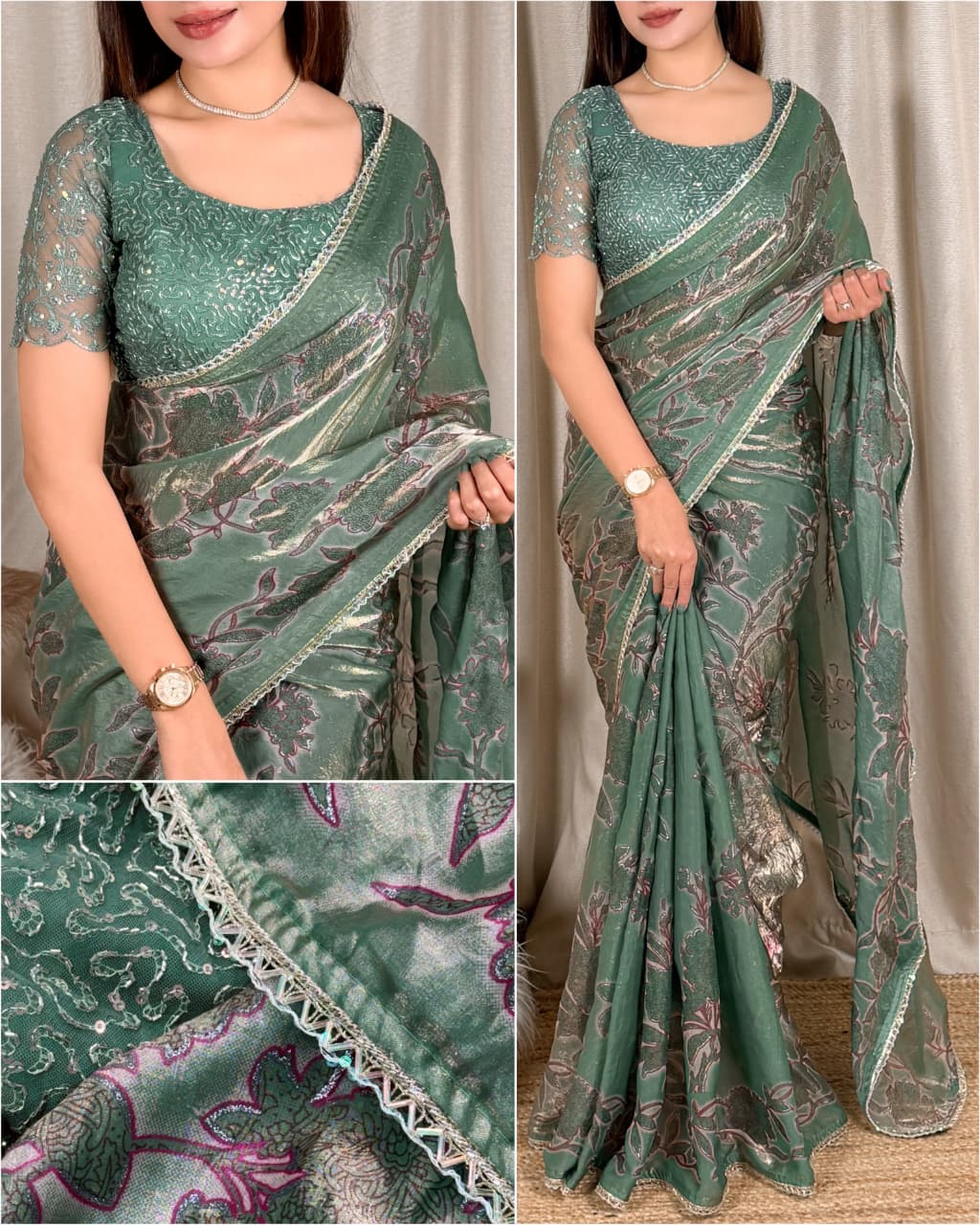 Pure NC Fandy Satin Floral Saree with Decorative Border and Running Blouse for Festive Celebrations and Party Wear