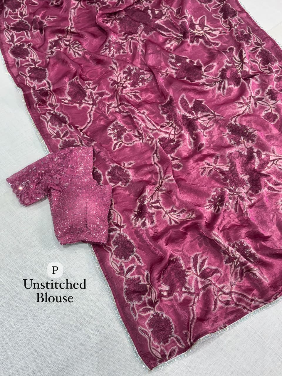 Pure NC Fandy Satin Floral Saree with Decorative Border and Running Blouse for Festive Celebrations and Party Wear