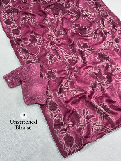 Pure NC Fandy Satin Floral Saree with Decorative Border and Running Blouse for Festive Celebrations and Party Wear