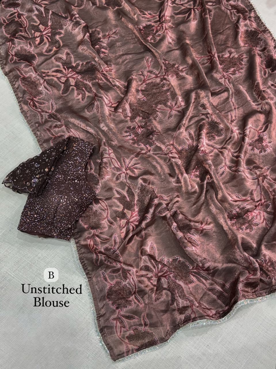 Pure NC Fandy Satin Floral Saree with Decorative Border and Running Blouse for Festive Celebrations and Party Wear