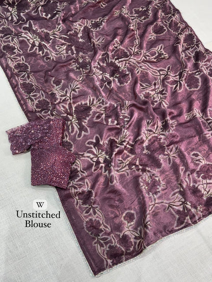 Pure NC Fandy Satin Floral Saree with Decorative Border and Running Blouse for Festive Celebrations and Party Wear
