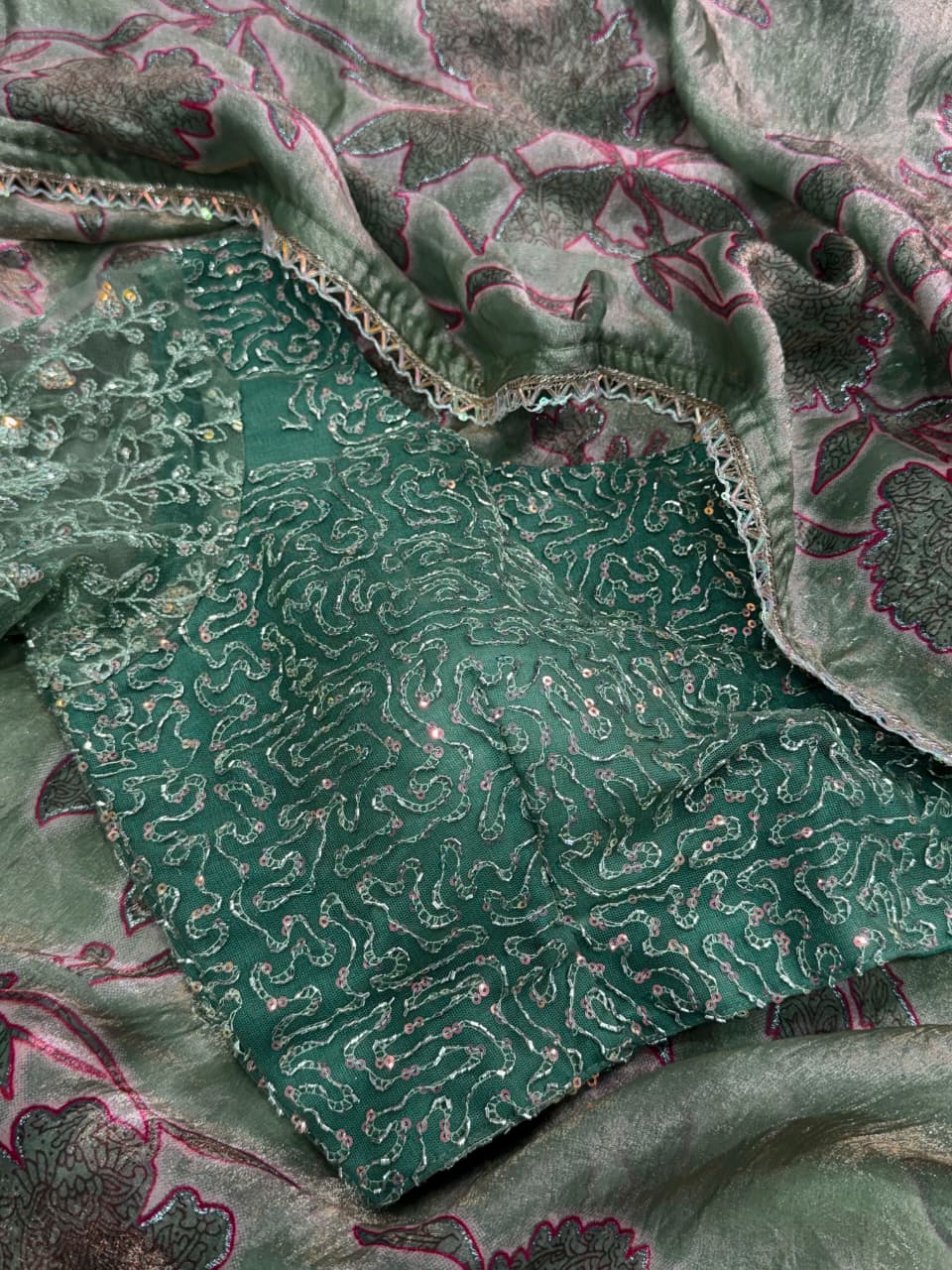 Pure NC Fandy Satin Floral Saree with Decorative Border and Running Blouse for Festive Celebrations and Party Wear