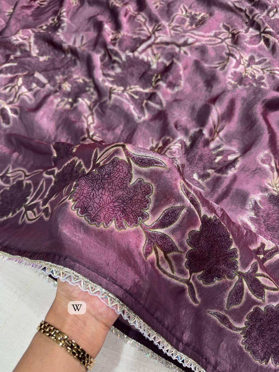 Pure NC Fandy Satin Floral Saree with Decorative Border and Running Blouse for Festive Celebrations and Party Wear