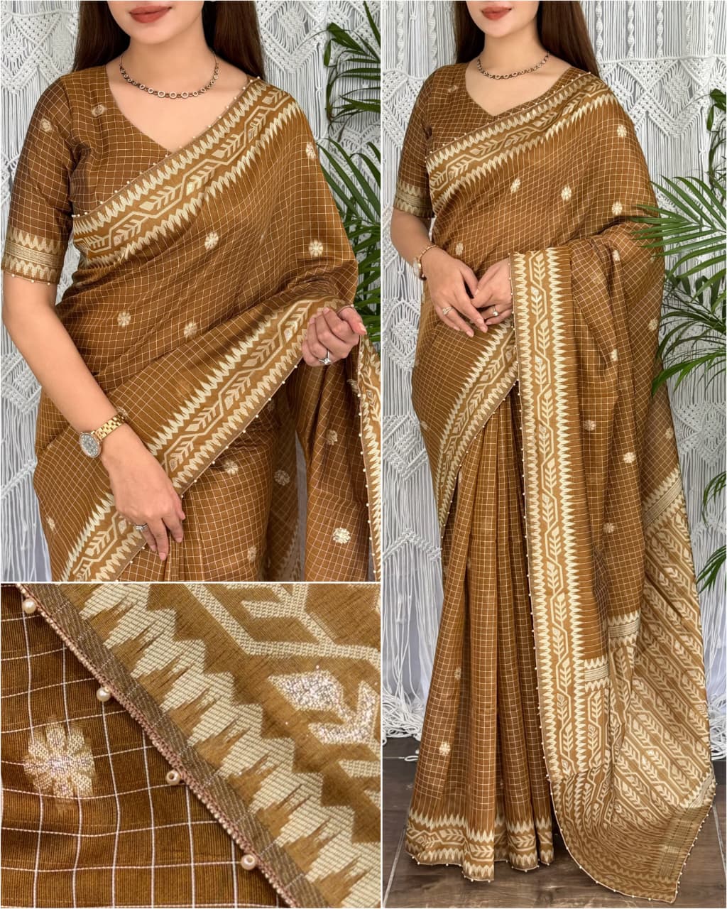 Cotton Linen Checked Saree with Floral Motifs, Leaf Pattern Border and Running Blouse for Elegant Office Wear