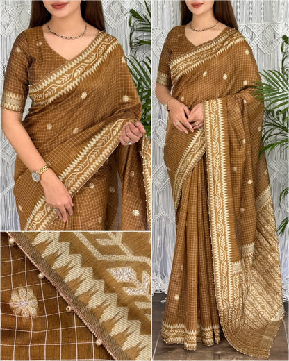Cotton Linen Checked Saree with Floral Motifs, Leaf Pattern Border and Running Blouse for Elegant Office Wear