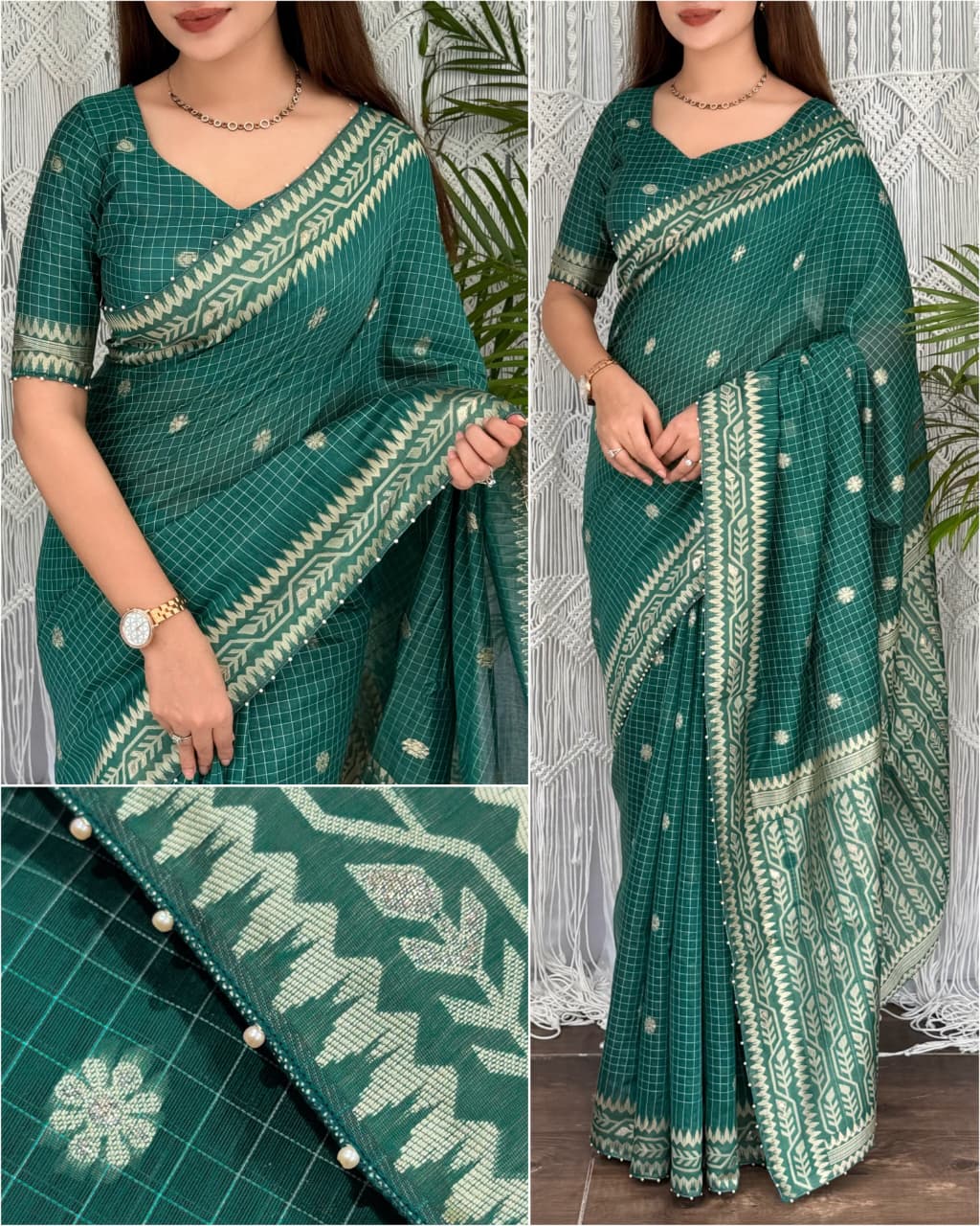 Cotton Linen Checked Saree with Floral Motifs, Leaf Pattern Border and Running Blouse for Elegant Office Wear