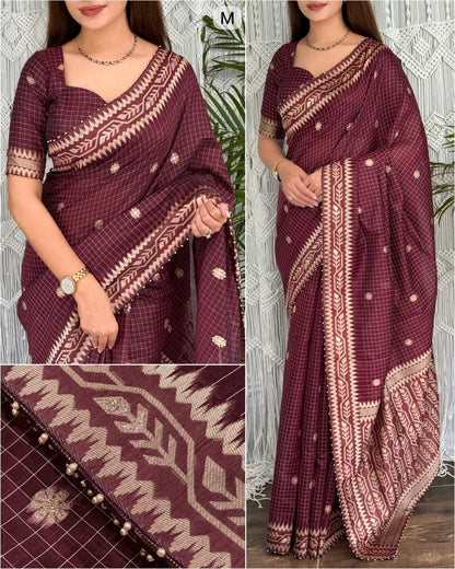 Cotton Linen Checked Saree with Floral Motifs, Leaf Pattern Border and Running Blouse for Elegant Office Wear
