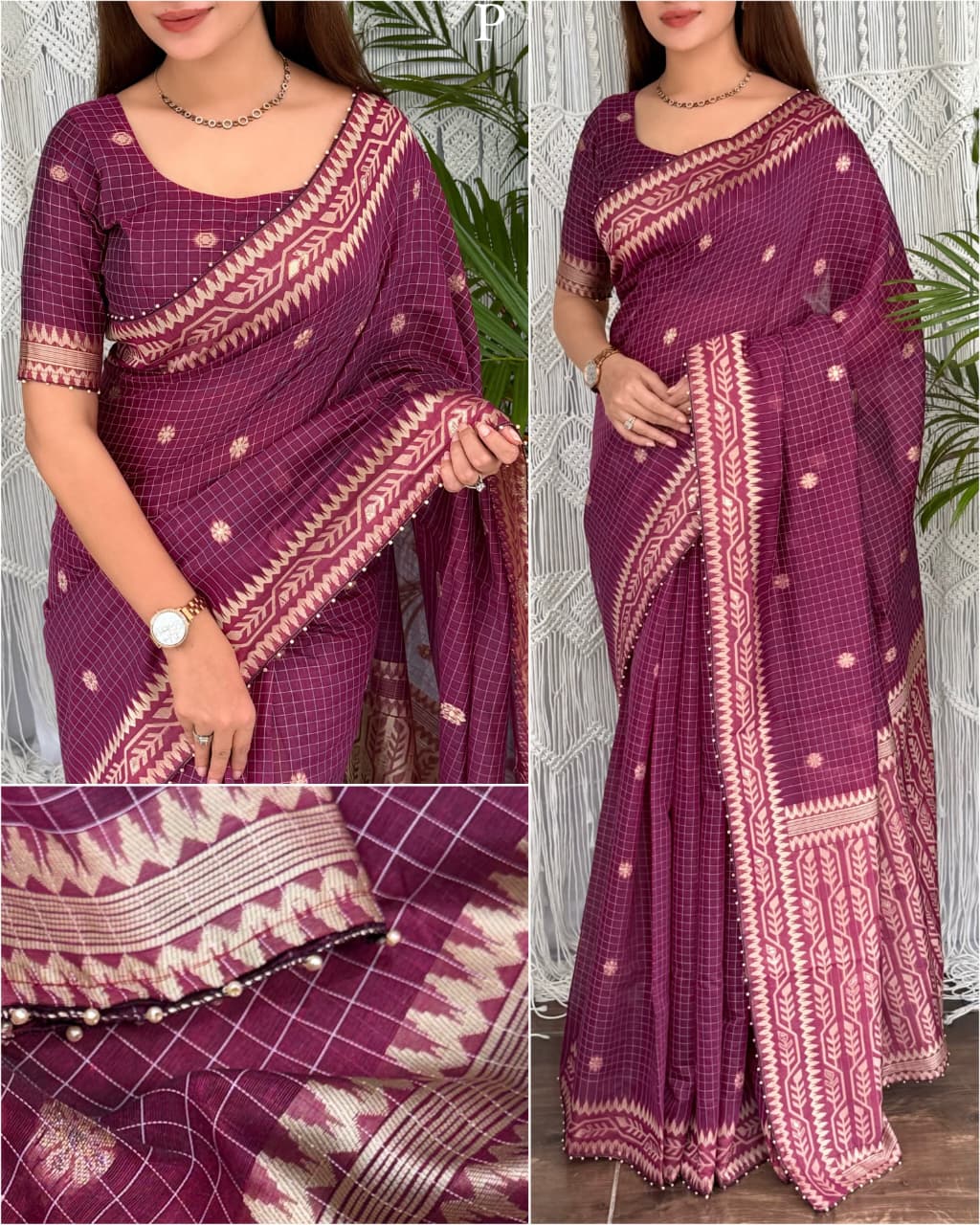 Cotton Linen Checked Saree with Floral Motifs, Leaf Pattern Border and Running Blouse for Elegant Office Wear
