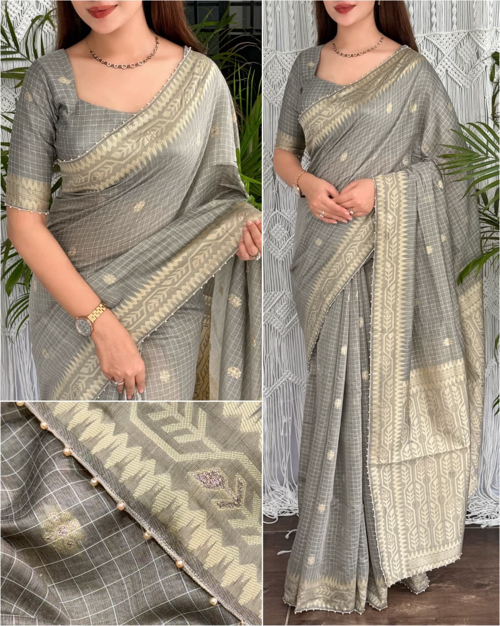 Cotton Linen Checked Saree with Floral Motifs, Leaf Pattern Border and Running Blouse for Elegant Office Wear