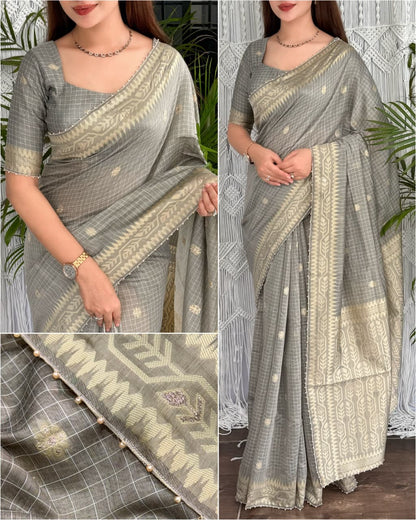 Cotton Linen Checked Saree with Floral Motifs, Leaf Pattern Border and Running Blouse for Elegant Office Wear