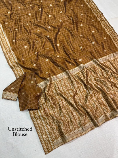 Cotton Linen Checked Saree with Floral Motifs, Leaf Pattern Border and Running Blouse for Elegant Office Wear