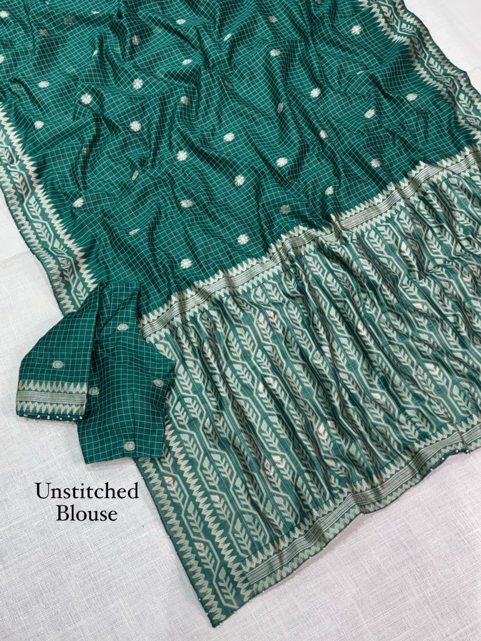 Cotton Linen Checked Saree with Floral Motifs, Leaf Pattern Border and Running Blouse for Elegant Office Wear