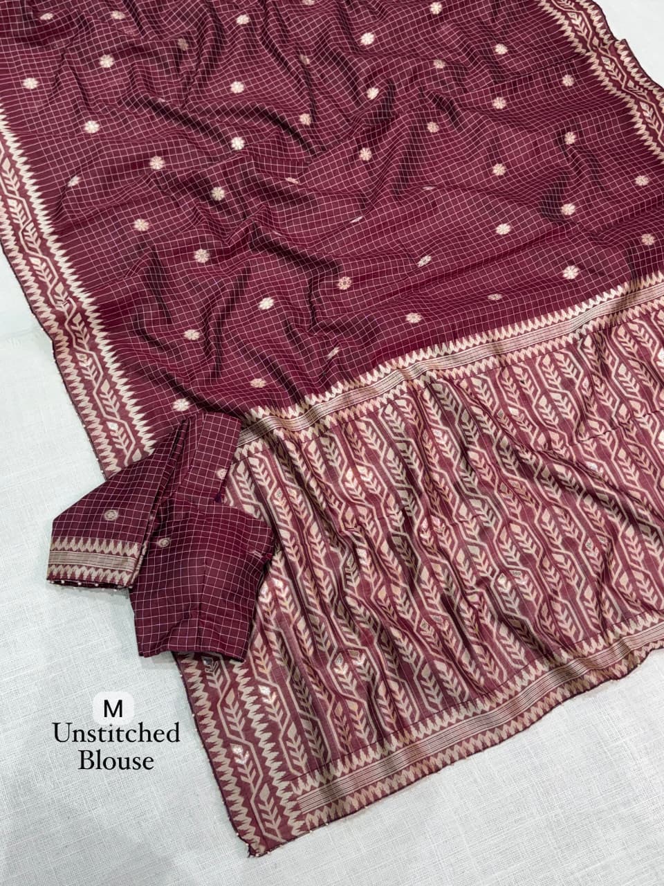 Cotton Linen Checked Saree with Floral Motifs, Leaf Pattern Border and Running Blouse for Elegant Office Wear