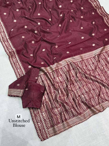 Cotton Linen Checked Saree with Floral Motifs, Leaf Pattern Border and Running Blouse for Elegant Office Wear