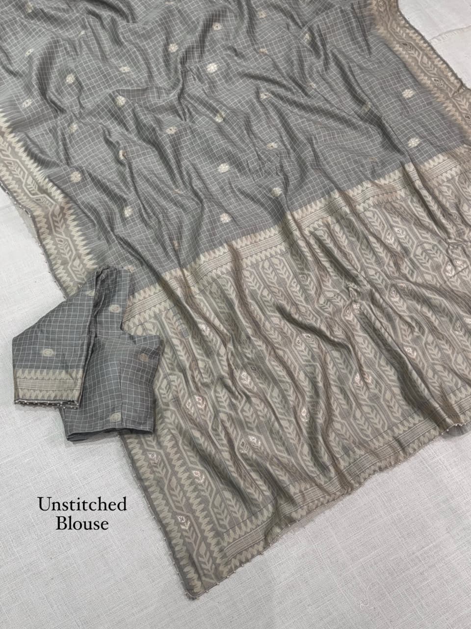 Cotton Linen Checked Saree with Floral Motifs, Leaf Pattern Border and Running Blouse for Elegant Office Wear