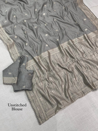 Cotton Linen Checked Saree with Floral Motifs, Leaf Pattern Border and Running Blouse for Elegant Office Wear
