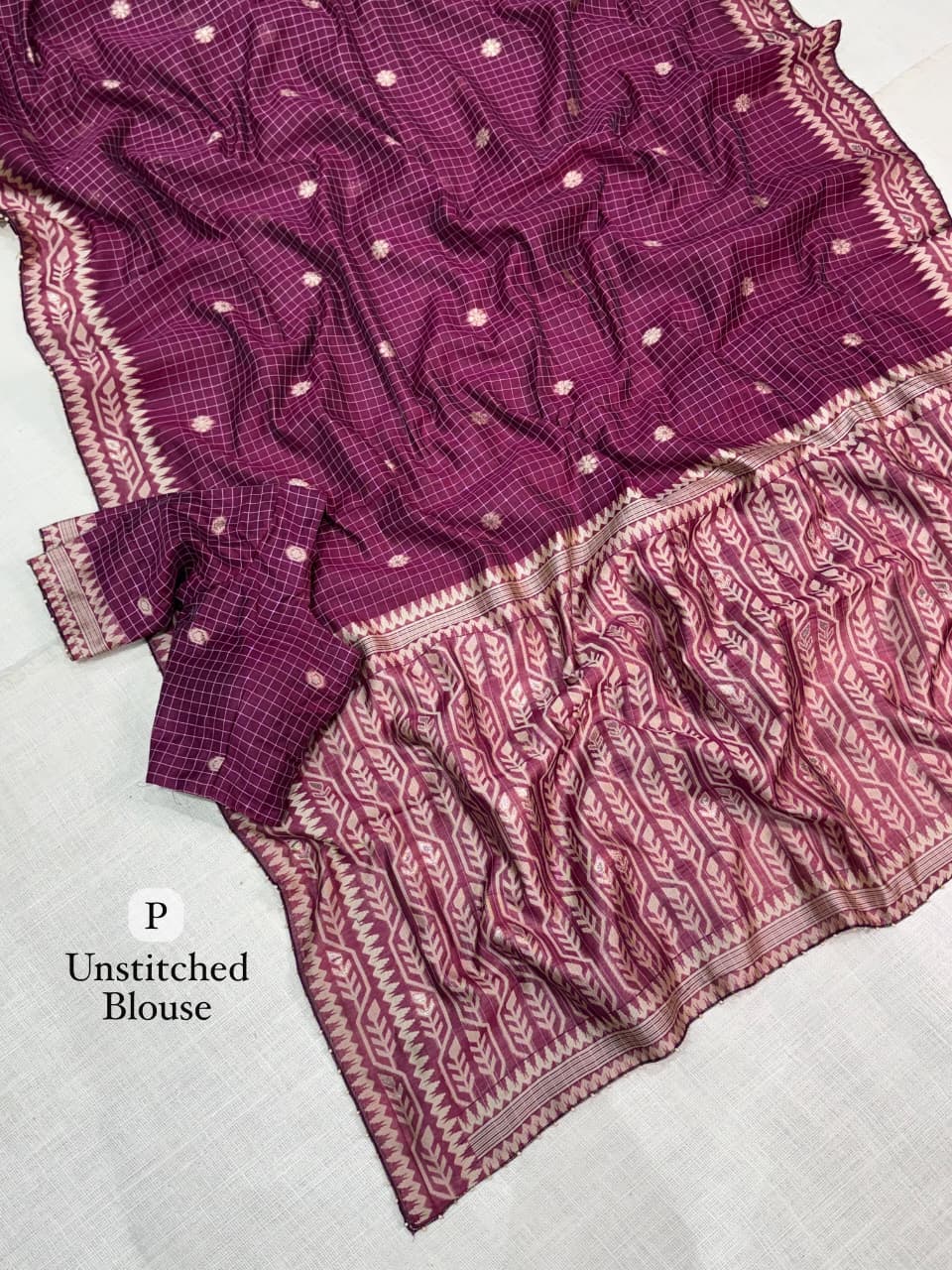 Cotton Linen Checked Saree with Floral Motifs, Leaf Pattern Border and Running Blouse for Elegant Office Wear