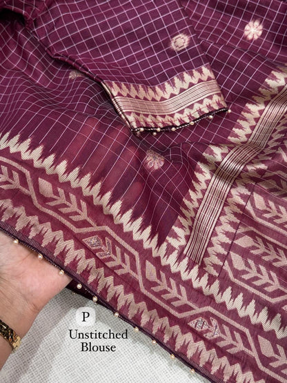 Cotton Linen Checked Saree with Floral Motifs, Leaf Pattern Border and Running Blouse for Elegant Office Wear