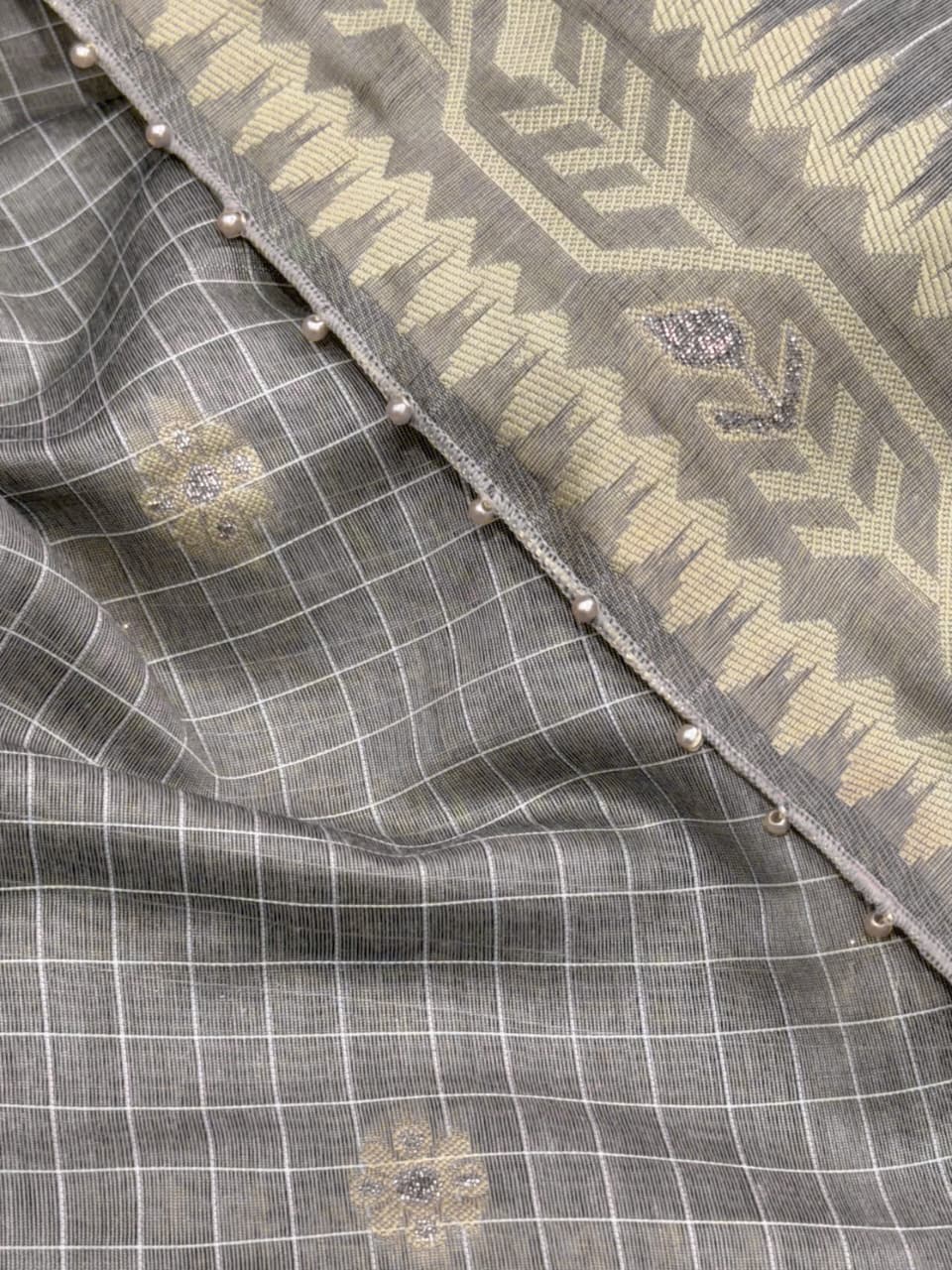 Cotton Linen Checked Saree with Floral Motifs, Leaf Pattern Border and Running Blouse for Elegant Office Wear