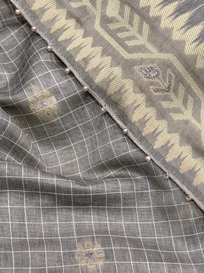 Cotton Linen Checked Saree with Floral Motifs, Leaf Pattern Border and Running Blouse for Elegant Office Wear
