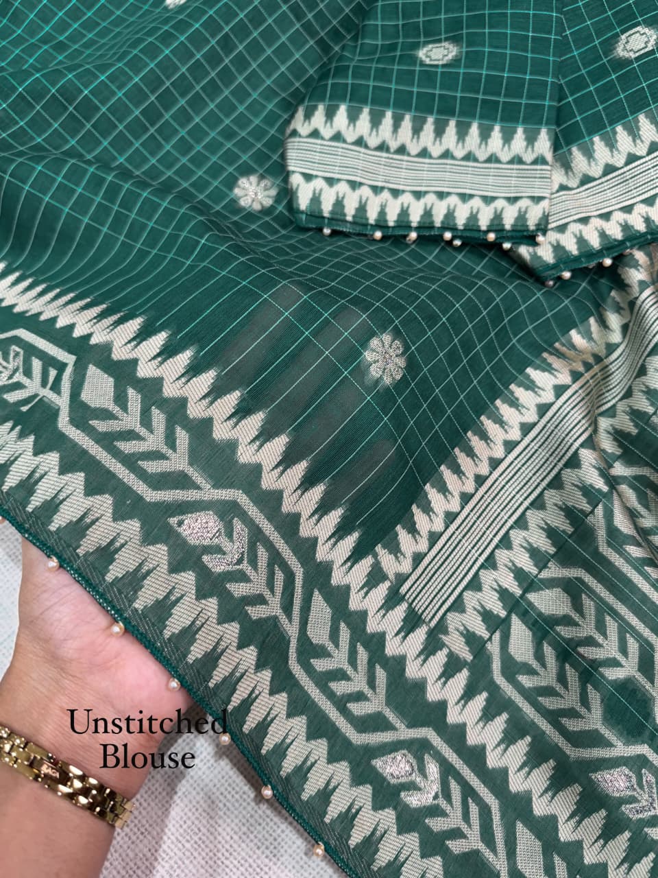 Cotton Linen Checked Saree with Floral Motifs, Leaf Pattern Border and Running Blouse for Elegant Office Wear