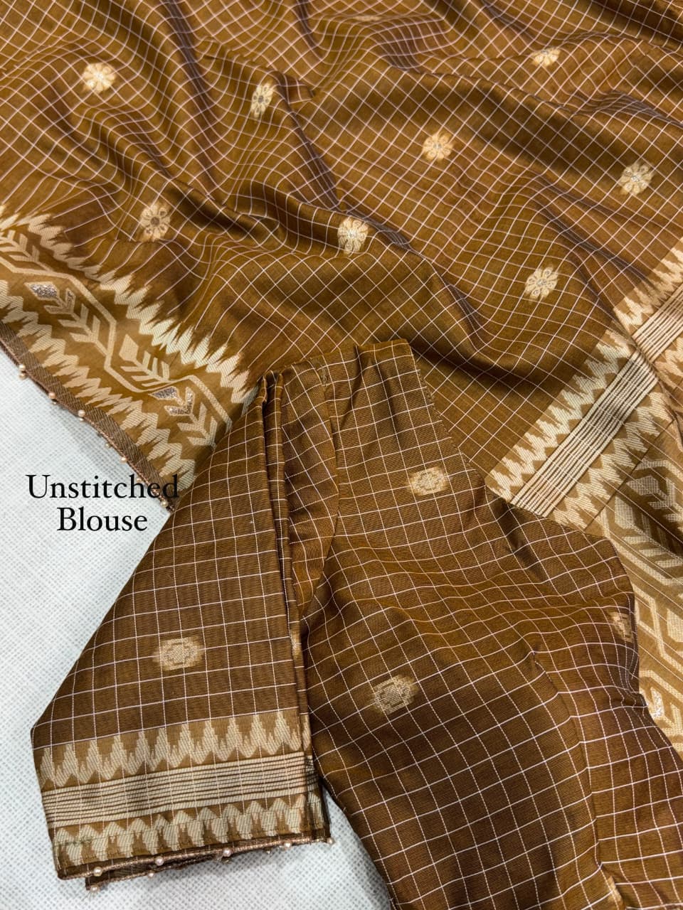 Cotton Linen Checked Saree with Floral Motifs, Leaf Pattern Border and Running Blouse for Elegant Office Wear