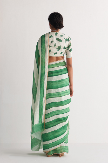 Emerald green and ivory striped linen saree - close up detail