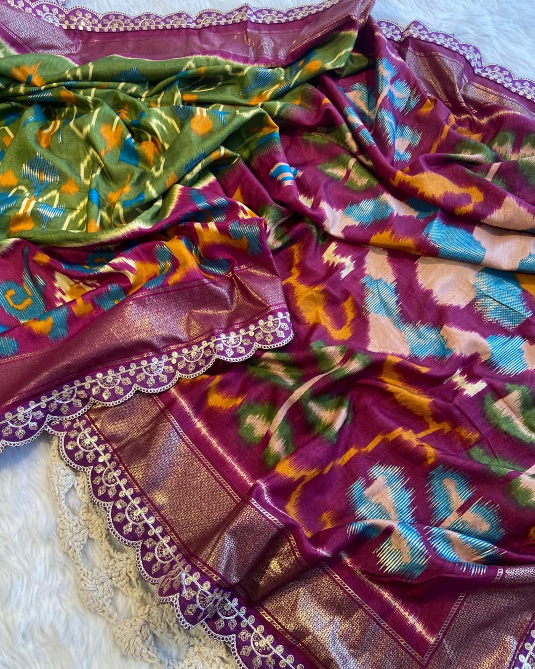 pretty soft silk saree with all over eye catchy ikkat prints with awesome two sides printed border