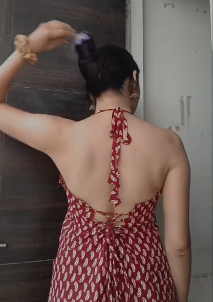 New Age Halter Cotton Kurti – Backless Design with Dori Tie | Machine-Mill Printed