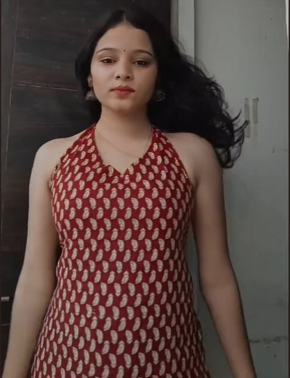 New Age Halter Cotton Kurti – Backless Design with Dori Tie | Machine-Mill Printed