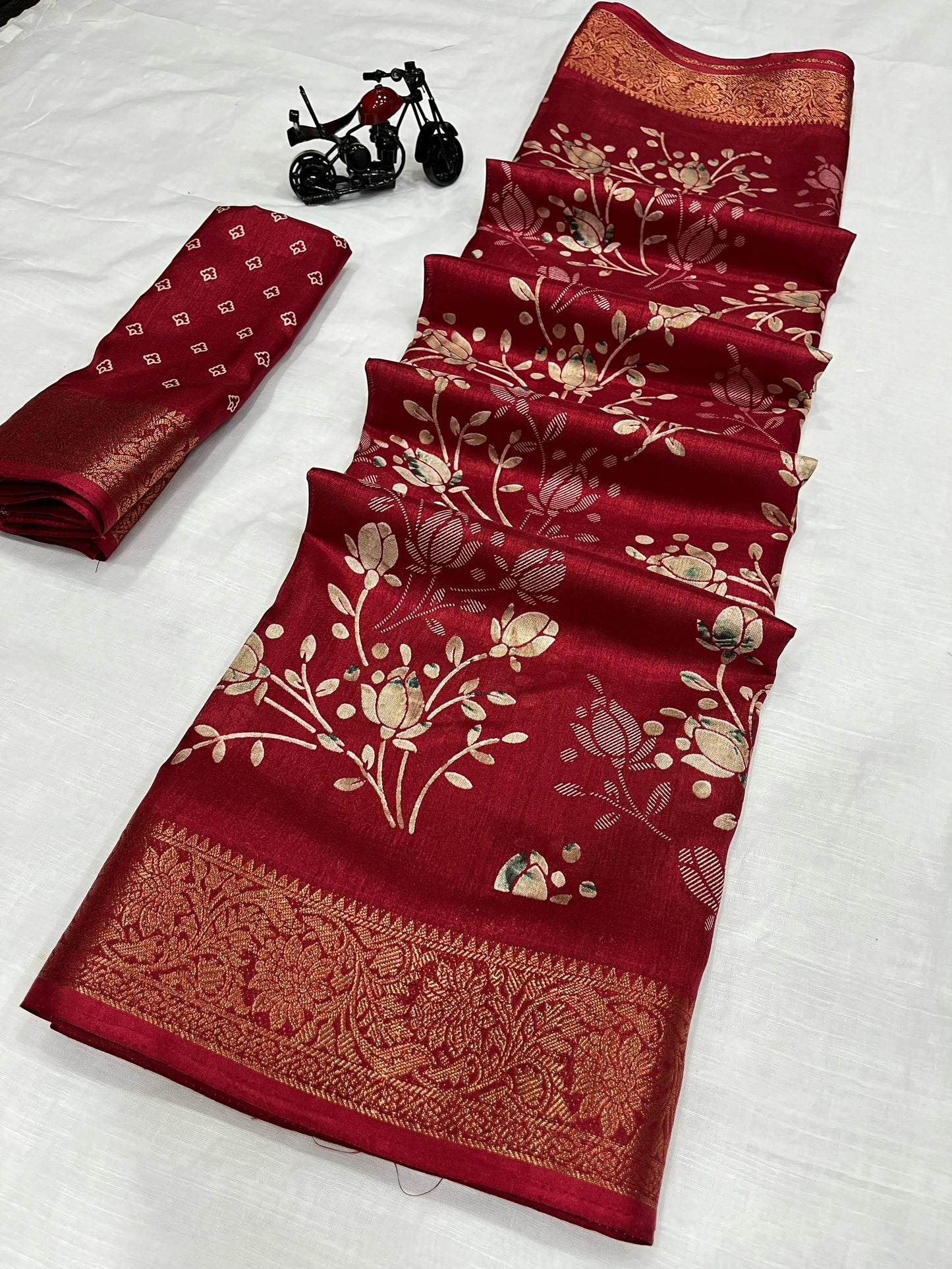 Beautiful soft dola silk floral printed sarees with jacquard weaving border